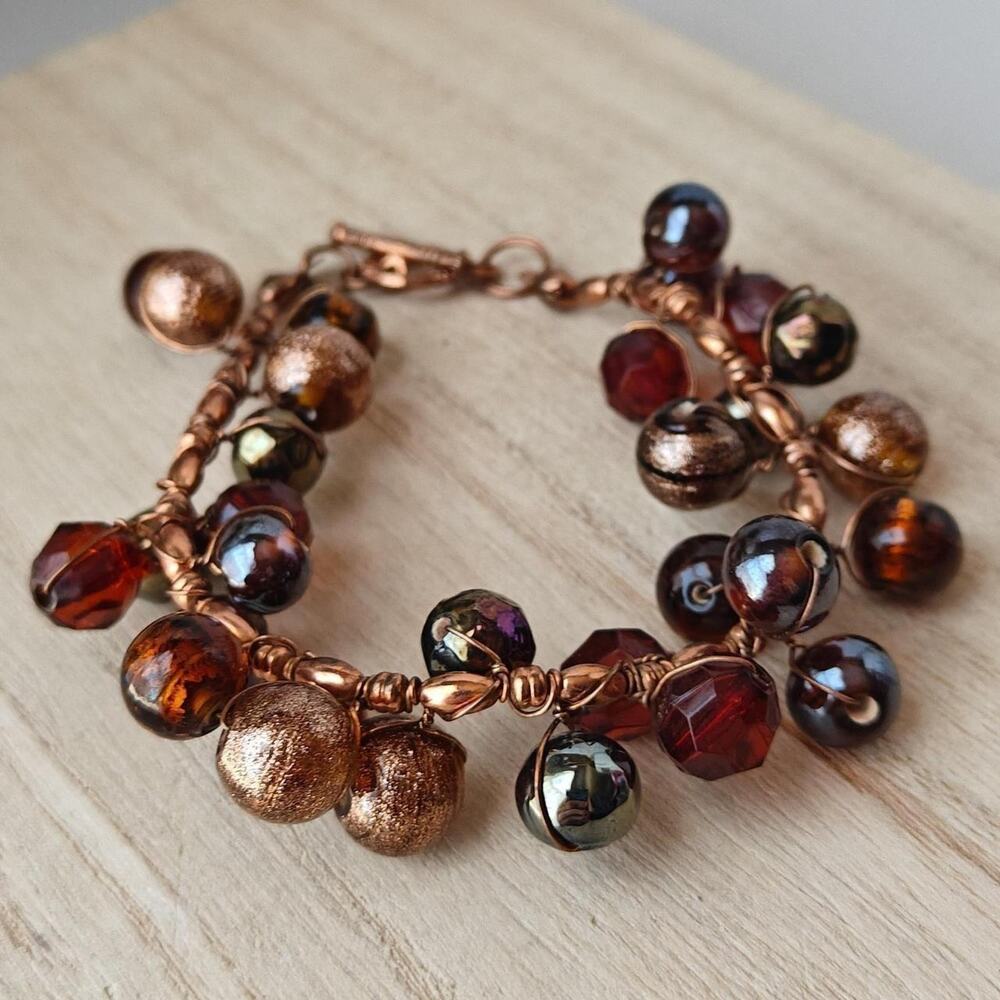 Boho artisan style twisted copper wire branch and glass berries bracelet
